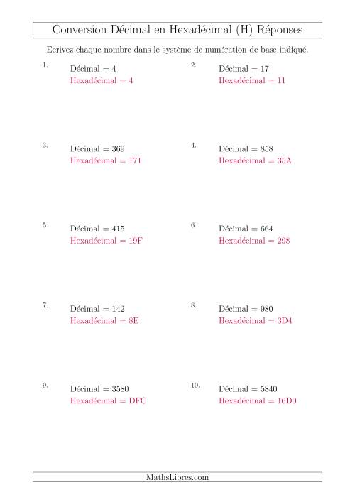 Conversion de Nombres Décimaux en Nombres Hexadécimaux (H) page 2