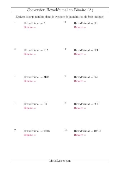 Conversion de Nombres Hexadécimaux en Nombres Binaires (A)