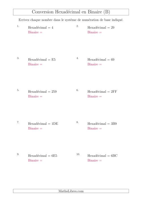 Conversion de Nombres Hexadécimaux en Nombres Binaires (B)