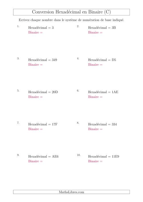 Conversion de Nombres Hexadécimaux en Nombres Binaires (C)