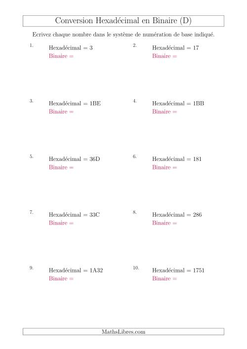 Conversion de Nombres Hexadécimaux en Nombres Binaires (D)