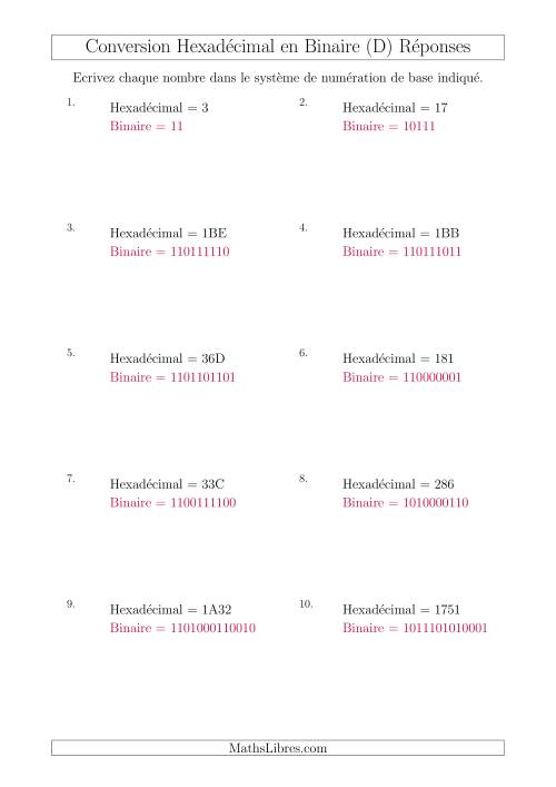 Conversion de Nombres Hexadécimaux en Nombres Binaires (D) page 2