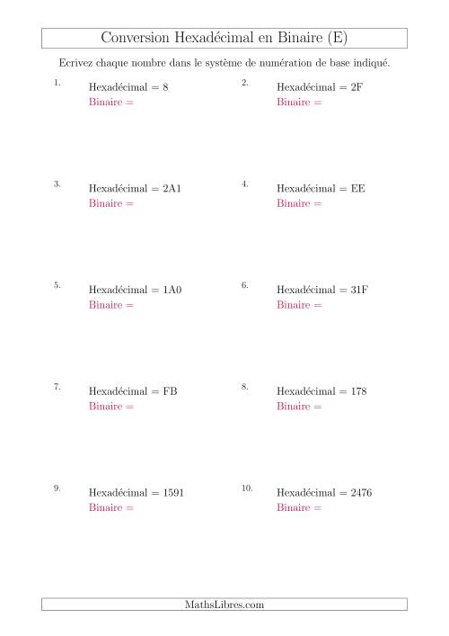 Conversion de Nombres Hexadécimaux en Nombres Binaires (E)