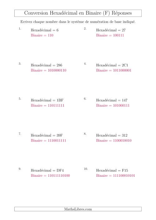 Conversion de Nombres Hexadécimaux en Nombres Binaires (F) page 2
