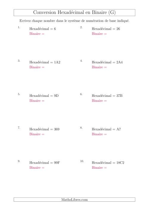Conversion de Nombres Hexadécimaux en Nombres Binaires (G)