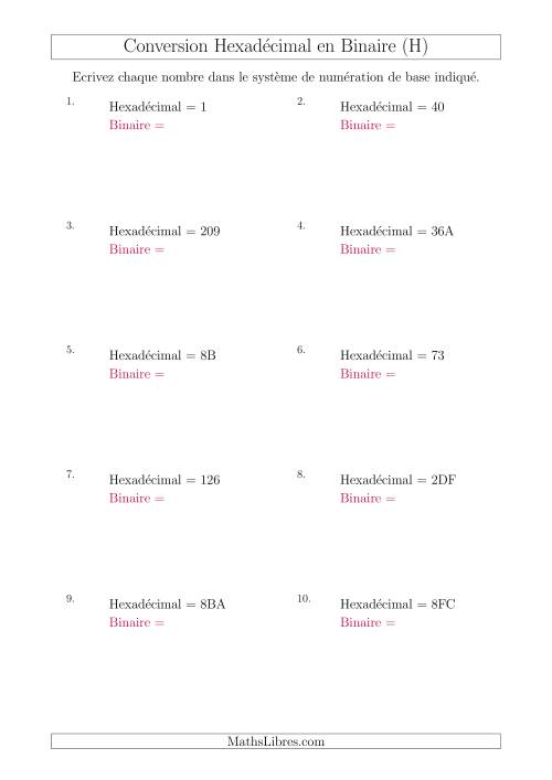 Conversion de Nombres Hexadécimaux en Nombres Binaires (H)
