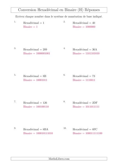 Conversion de Nombres Hexadécimaux en Nombres Binaires (H) page 2