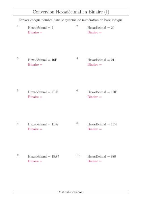 Conversion de Nombres Hexadécimaux en Nombres Binaires (I)