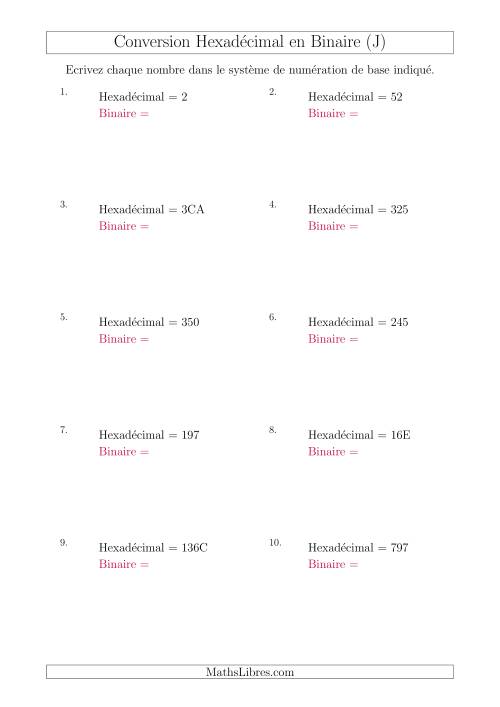 Conversion de Nombres Hexadécimaux en Nombres Binaires (J)