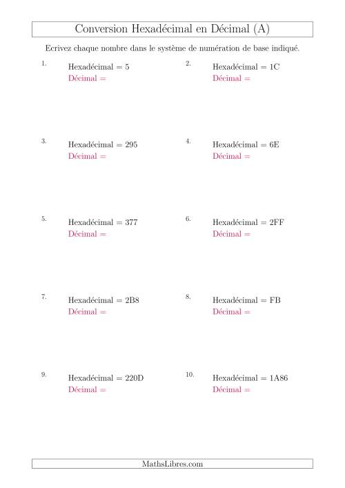 Conversion de Nombres Hexadécimaux en Nombres Décimaux (A)