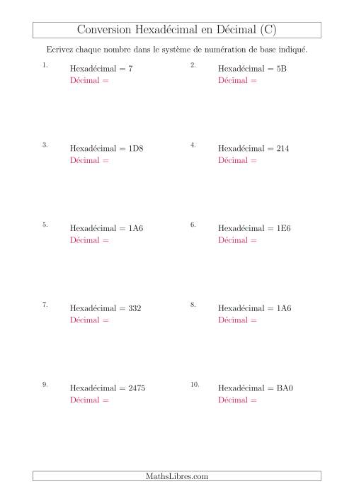 Conversion de Nombres Hexadécimaux en Nombres Décimaux (C)