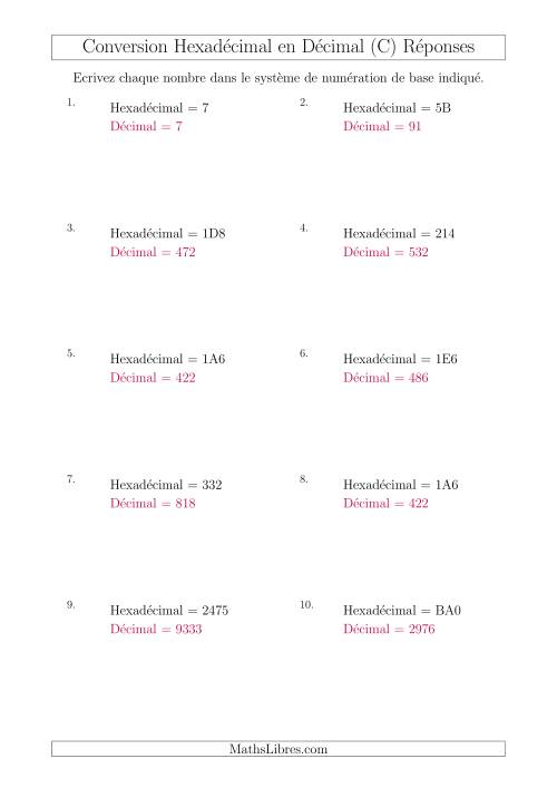 Conversion de Nombres Hexadécimaux en Nombres Décimaux (C) page 2