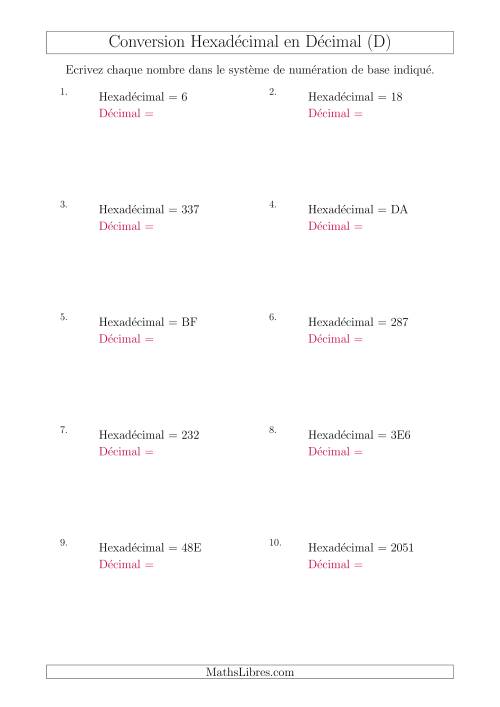 Conversion de Nombres Hexadécimaux en Nombres Décimaux (D)