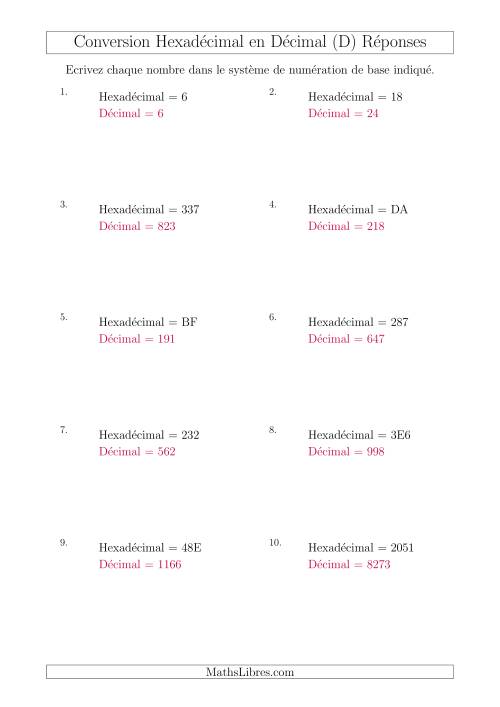 Conversion de Nombres Hexadécimaux en Nombres Décimaux (D) page 2