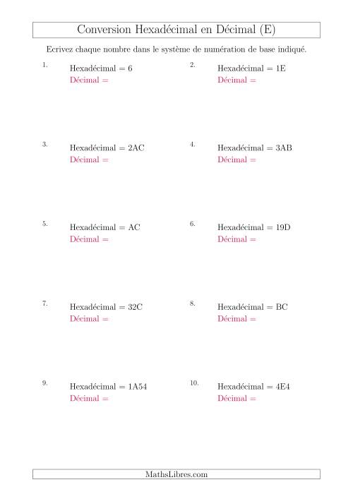 Conversion de Nombres Hexadécimaux en Nombres Décimaux (E)