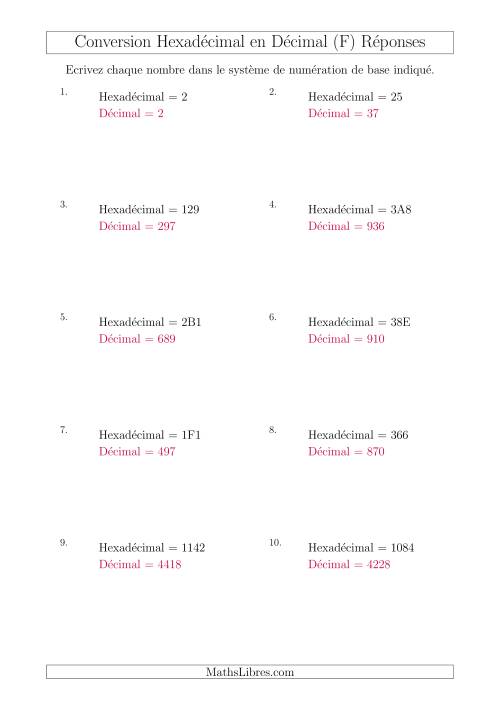 Conversion de Nombres Hexadécimaux en Nombres Décimaux (F) page 2