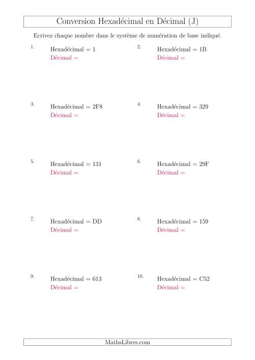 Conversion de Nombres Hexadécimaux en Nombres Décimaux (J)