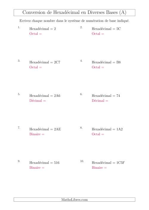 Conversion de Nombres Hexadécimaux en Divers Systèmes de Numération de Base (A)