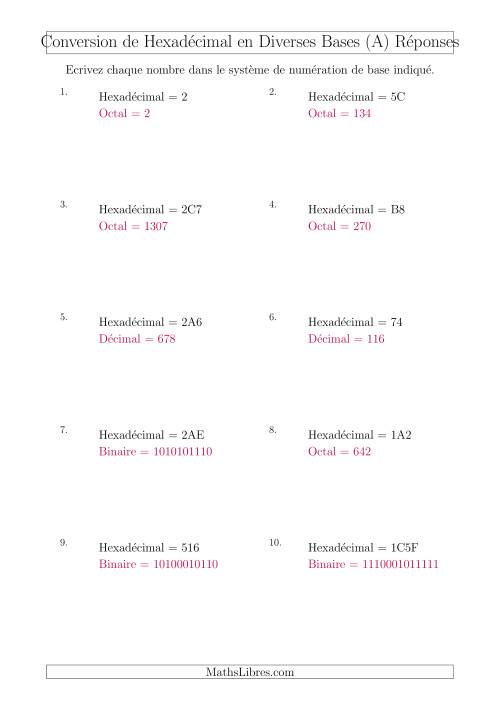 Conversion de Nombres Hexadécimaux en Divers Systèmes de Numération de Base (A) page 2