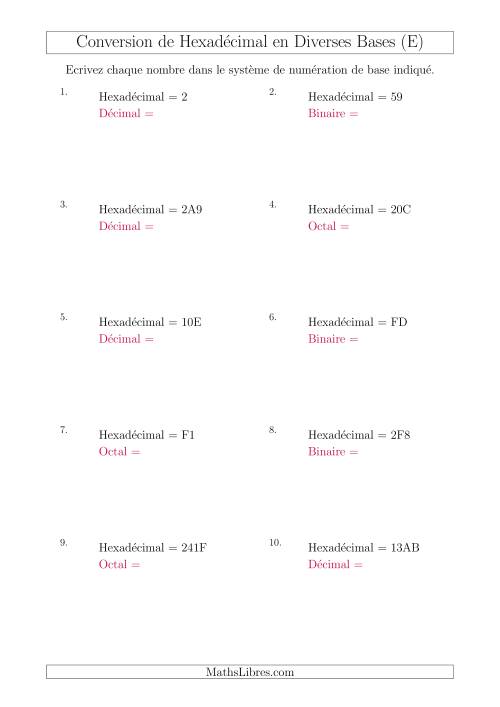 Conversion de Nombres Hexadécimaux en Divers Systèmes de Numération de Base (E)