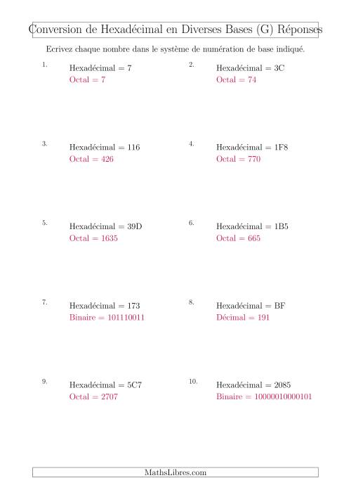 Conversion de Nombres Hexadécimaux en Divers Systèmes de Numération de Base (G) page 2