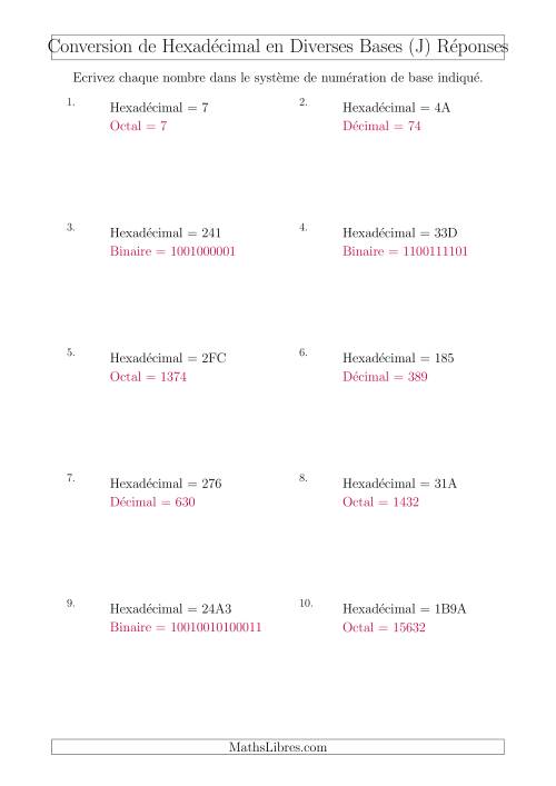 Conversion de Nombres Hexadécimaux en Divers Systèmes de Numération de Base (J) page 2