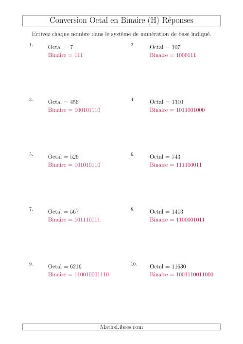 Conversion de Nombres Octaux en Nombres Binaires (H) page 2