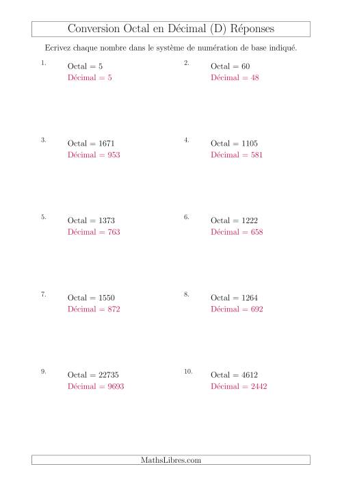 Conversion de Nombres Octaux en Nombres Décimaux (D) page 2