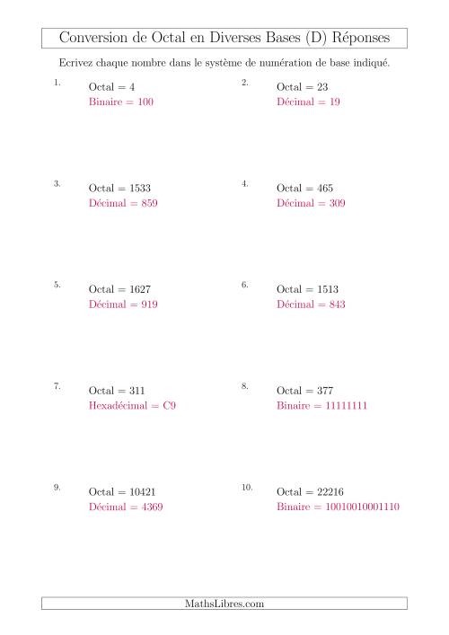 Conversion de Nombres Octaux en Divers Systèmes de Numération de Base (D) page 2
