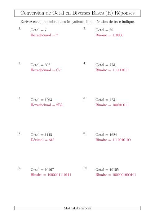 Conversion de Nombres Octaux en Divers Systèmes de Numération de Base (H) page 2