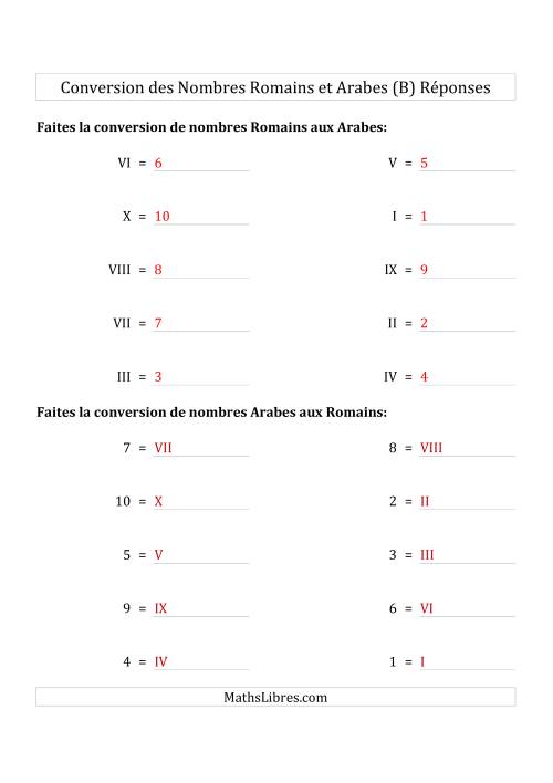 Conversion des Nombres Romains et Arabes Jusqu'à X (Format Compact) (B) page 2