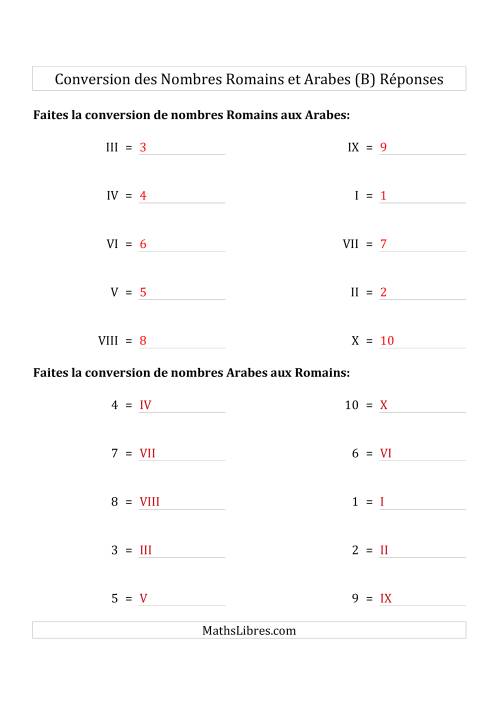 Conversion des Nombres Romains et Arabes Jusqu'à X (Format Standard) (B) page 2