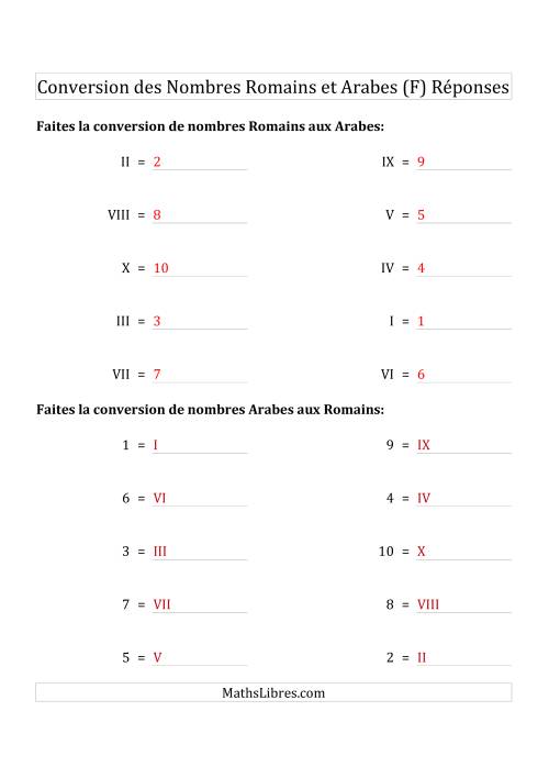 Conversion des Nombres Romains et Arabes Jusqu'à X (Format Standard) (F) page 2