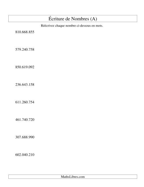 Nombres écrits -- 9-chiffres (version EU) (A)