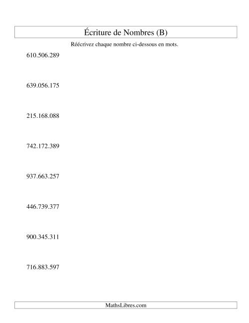 Nombres écrits -- 9-chiffres (version EU) (B)