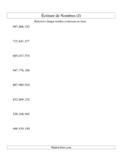 Nombres écrits -- 9-chiffres (version US) (J)