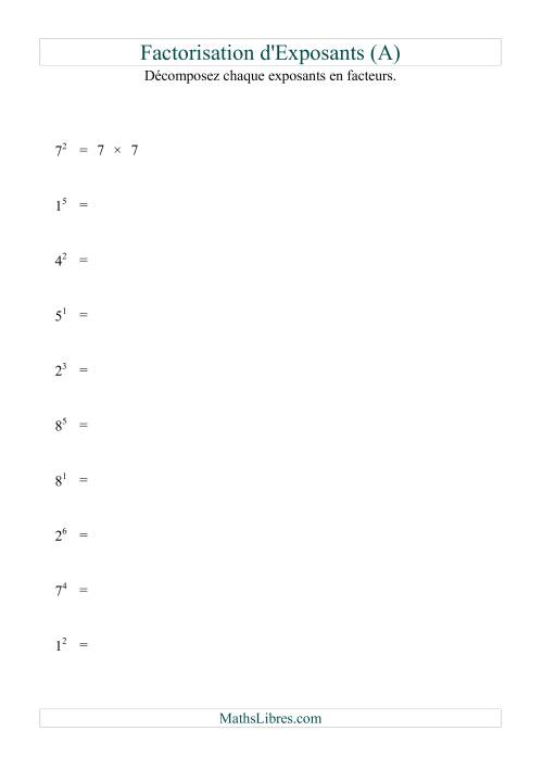 Décomposition de nombres en facteurs premiers (base 1 à 9; exposant 1 à 6) (A)