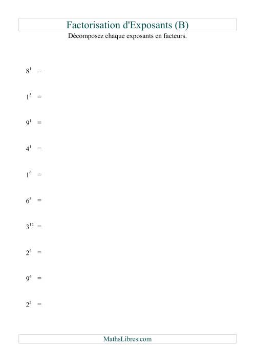 Décomposition de nombres en facteurs premiers (base 1 à 9; exposant 1 à 12) (B)