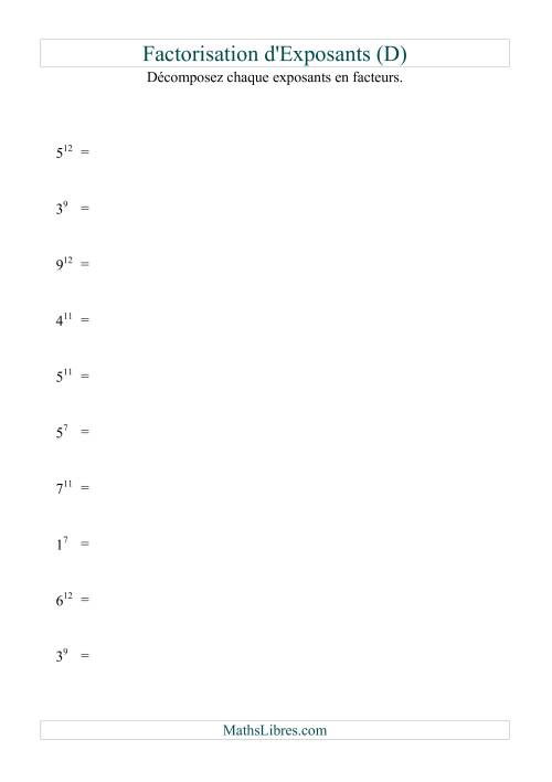 Décomposition de nombres en facteurs premiers (base 1 à 9; exposant 7 à 12) (D)