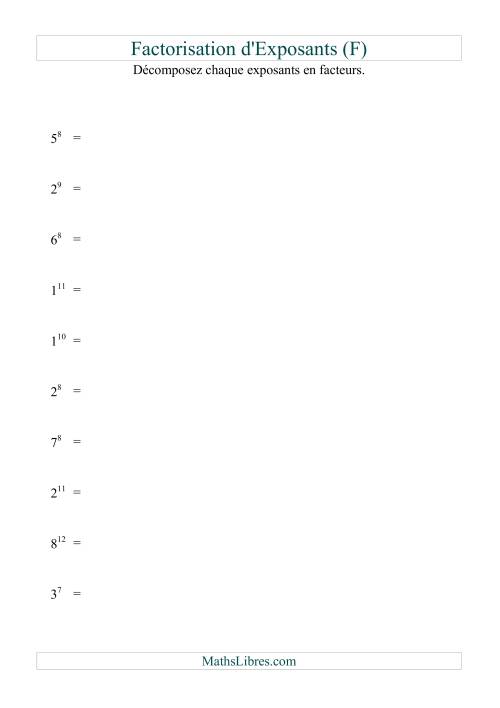 Décomposition de nombres en facteurs premiers (base 1 à 9; exposant 7 à 12) (F)
