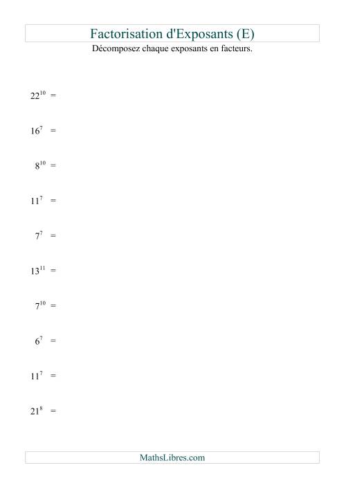 Décomposition de nombres en facteurs premiers (base 5 à 25; exposant 7 à 12) (E)