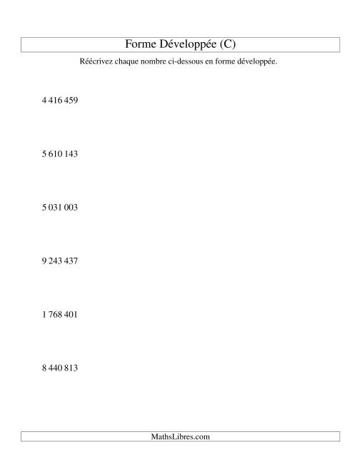 Écriture de nombres en forme dévoleppée 1 000 000 à 9 999 999 (version SI) (C)