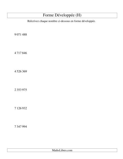 Écriture de nombres en forme dévoleppée 1 000 000 à 9 999 999 (version SI) (H)