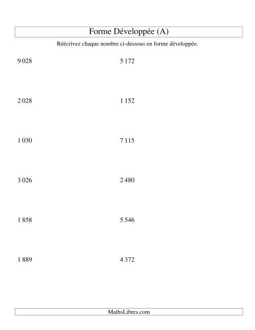 Écriture de nombres en forme dévoleppée 1 000 à 9 999 (version SI) (A)