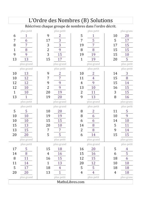 Classification en ordre des nombres entre 1 et 20 (B) page 2