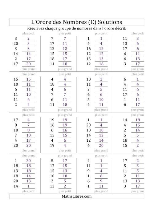 Classification en ordre des nombres entre 1 et 20 (C) page 2