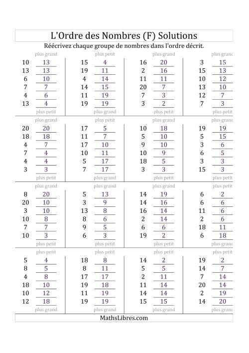 Classification en ordre des nombres entre 1 et 20 (F) page 2
