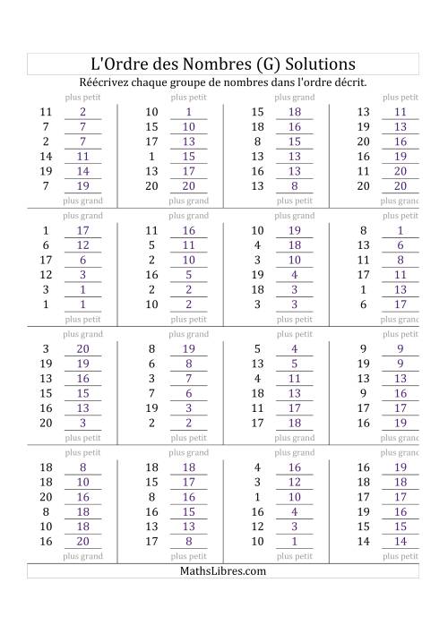 Classification en ordre des nombres entre 1 et 20 (G) page 2