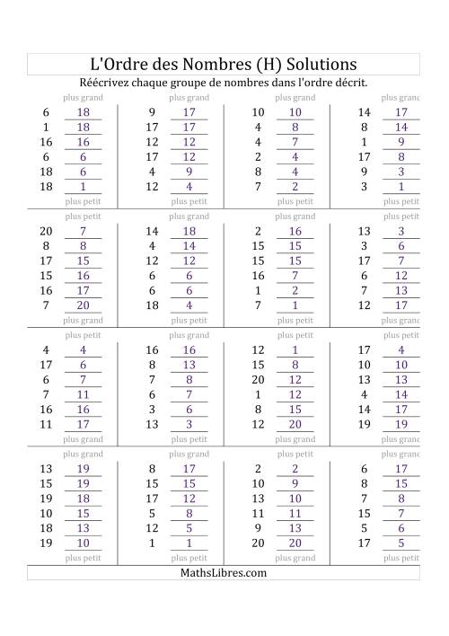 Classification en ordre des nombres entre 1 et 20 (H) page 2