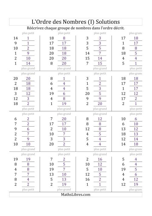 Classification en ordre des nombres entre 1 et 20 (I) page 2